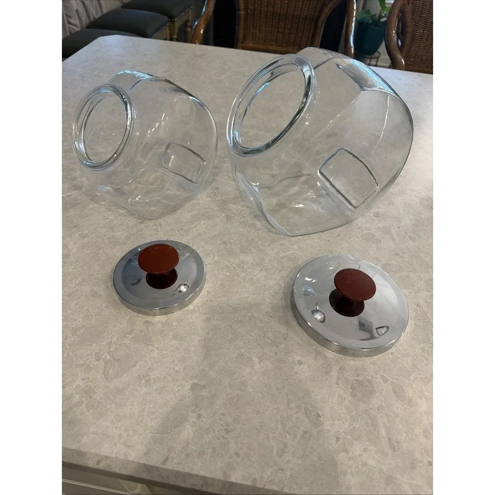 Vintage Style Tilt Candy Canister Jars Set Of Two Red And Silver Lids. No Chips